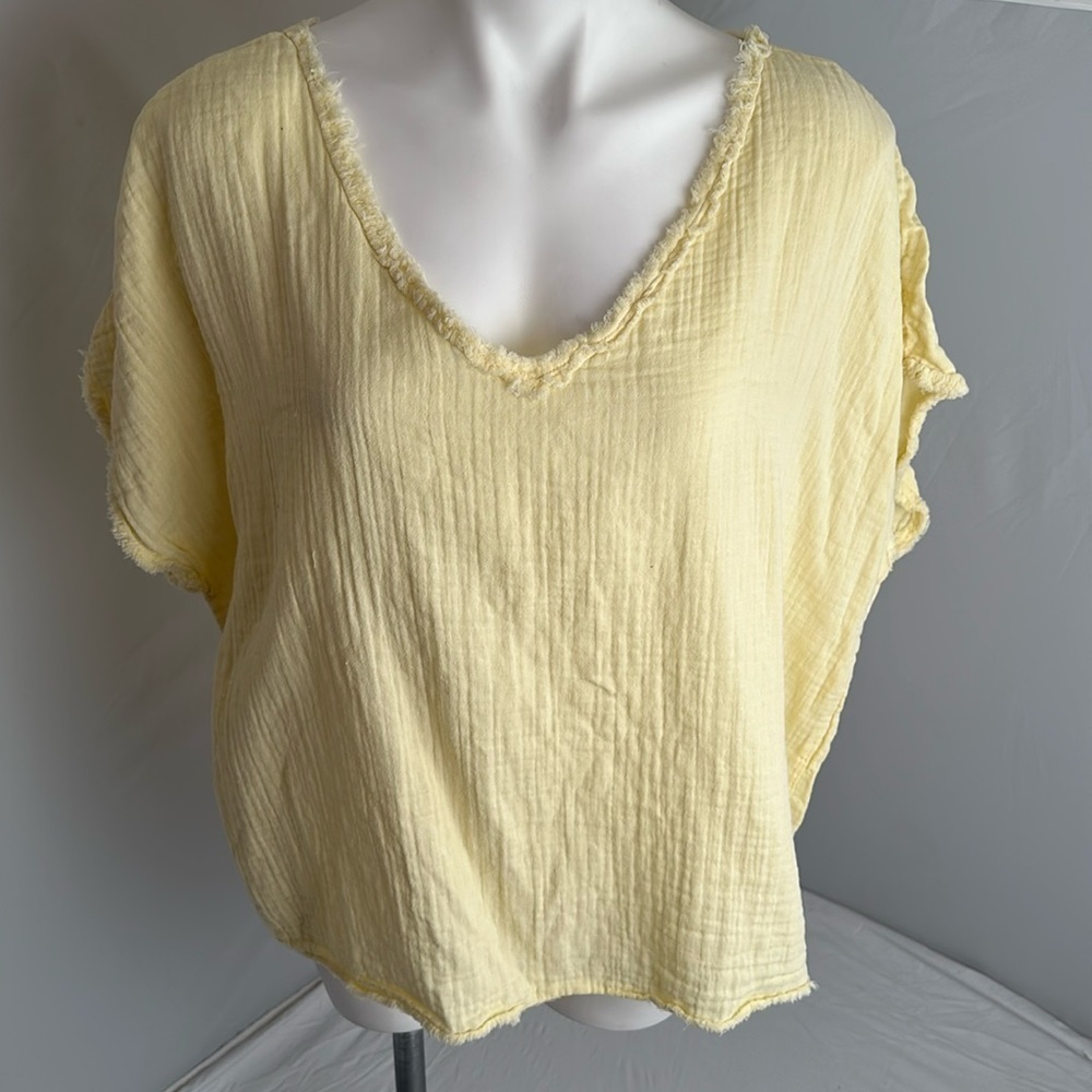 Dylan yellow gauzy cotton v-neck drop shoulder short sleeve top